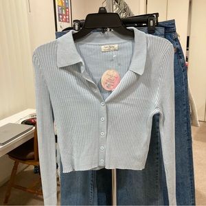 Baby Blue Cropped Ribbed Collared Shirt XL
